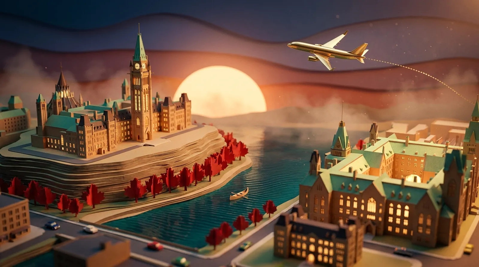 Miniature papercraft Ottawa at dusk, Parliament Hill and the Peace Tower above the river with scarlet maples and a gold airliner overhead