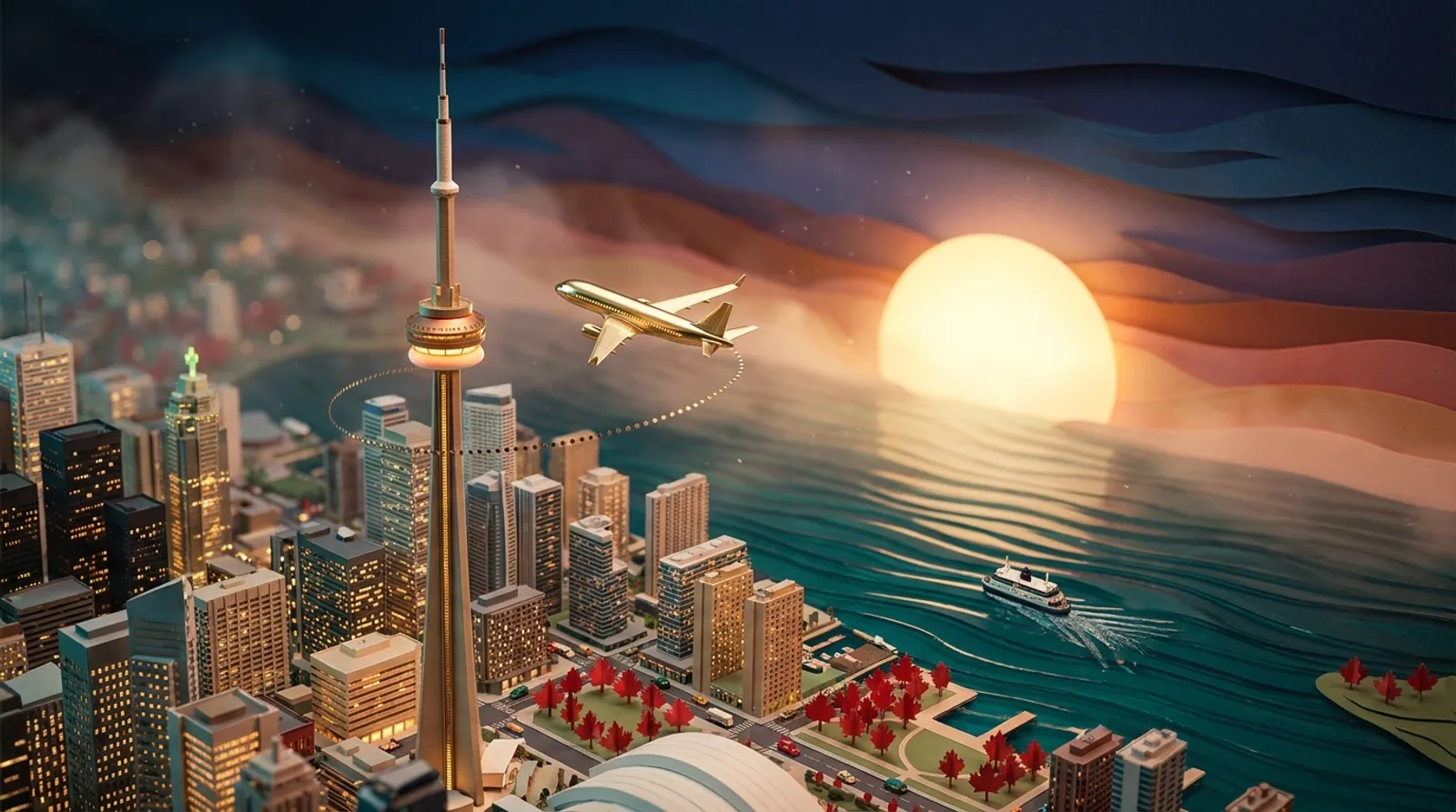 Miniature papercraft Toronto at sunset, CN Tower and lakefront skyline with a gold airliner overhead