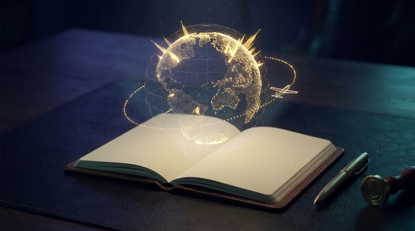 Golden holographic globe rising from an open travel document booklet on a desk