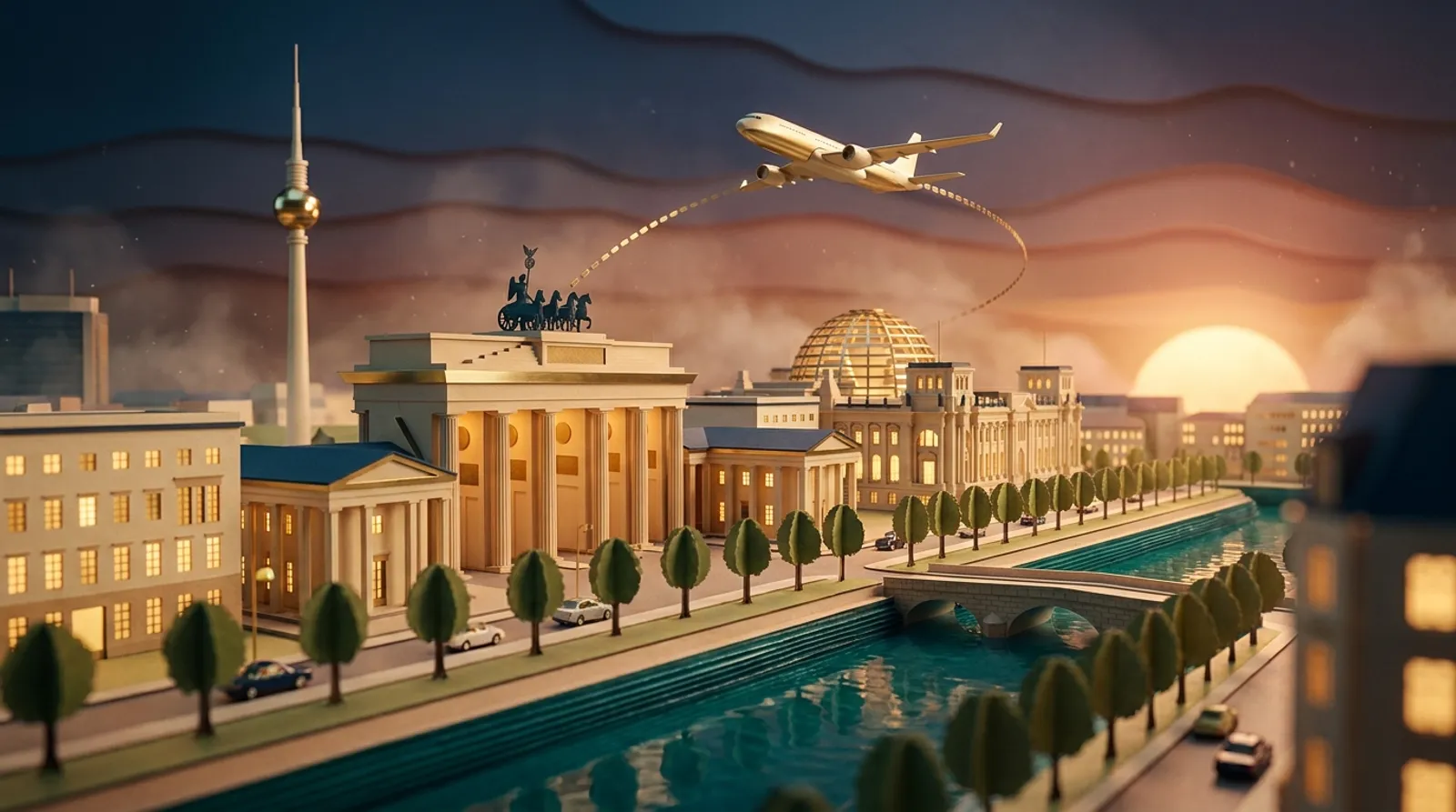 Miniature papercraft Berlin at dusk, Brandenburg Gate, Reichstag dome and TV Tower with a gold airliner overhead