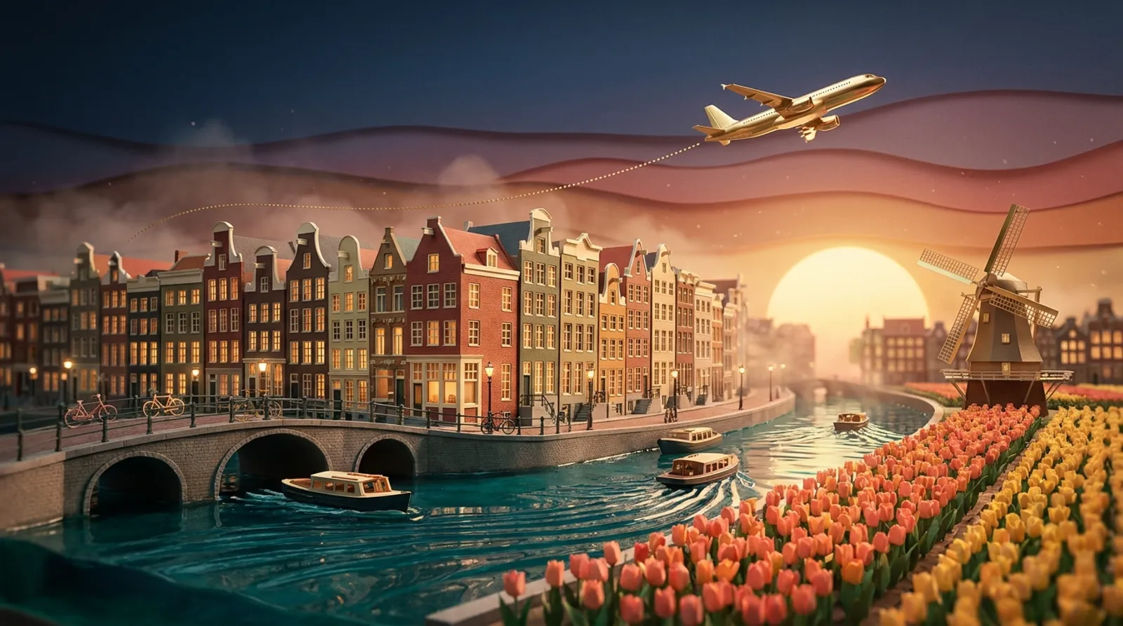 Miniature papercraft Amsterdam at dusk, canal houses, windmill and tulips with a gold airliner overhead