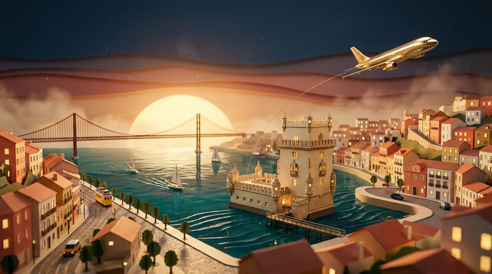 Miniature papercraft Lisbon at sunset, Belém Tower and the 25 de Abril bridge with a gold airliner overhead