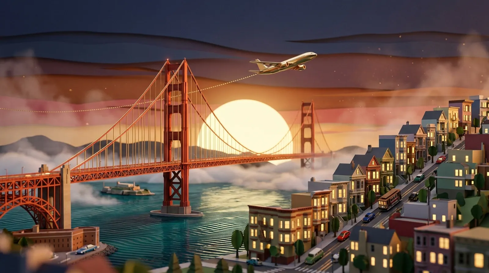 Miniature papercraft San Francisco at sunset, Golden Gate Bridge over the fog-wrapped bay with a gold airliner overhead