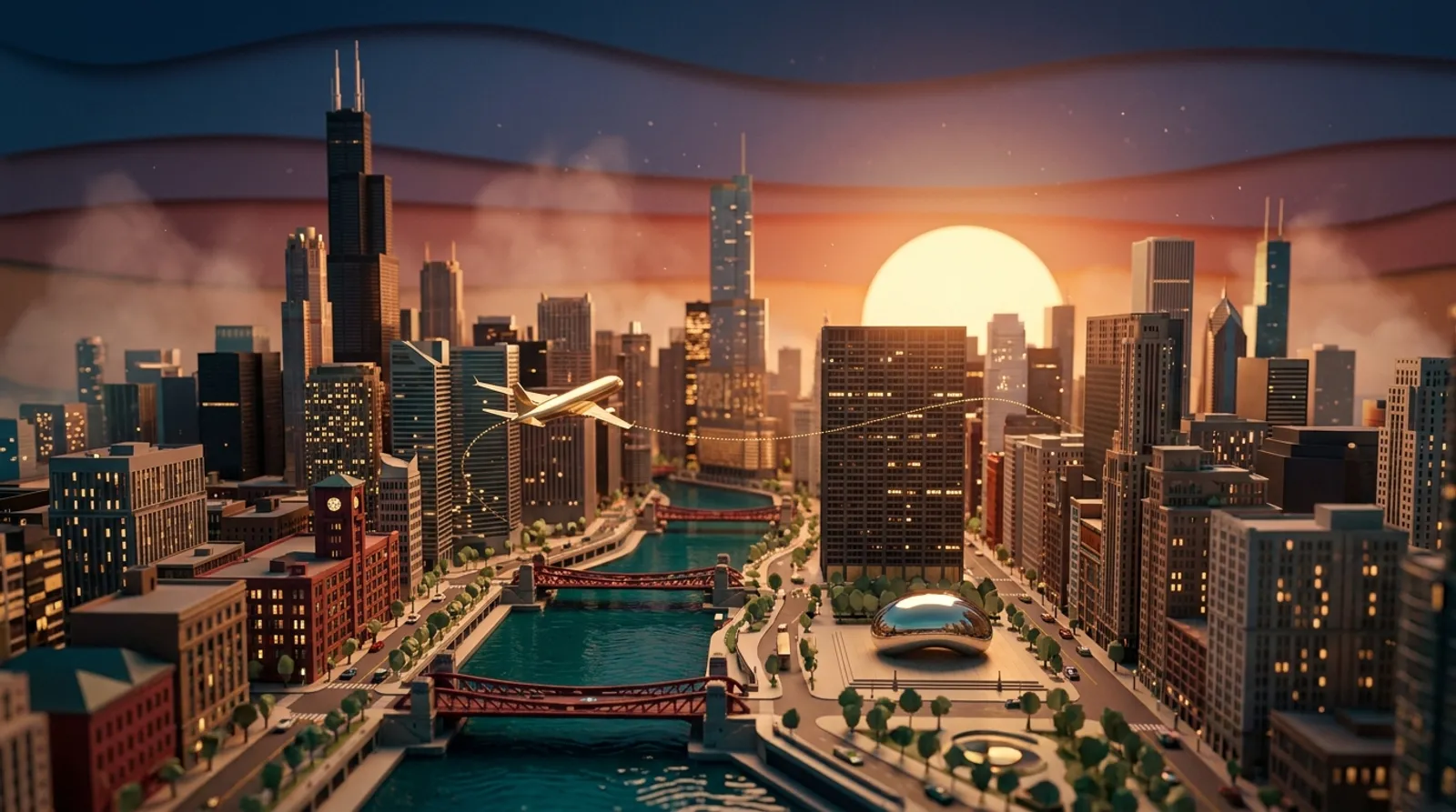 Miniature papercraft United States skyline at dusk with a gold airliner overhead